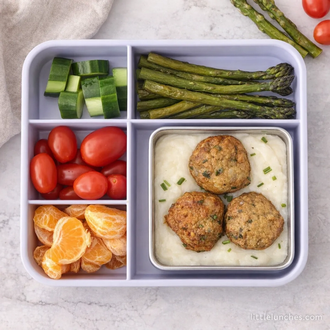 Lonchera de Albóndigas de Pavo al Horno con Puré de Coliflor y Espárragos