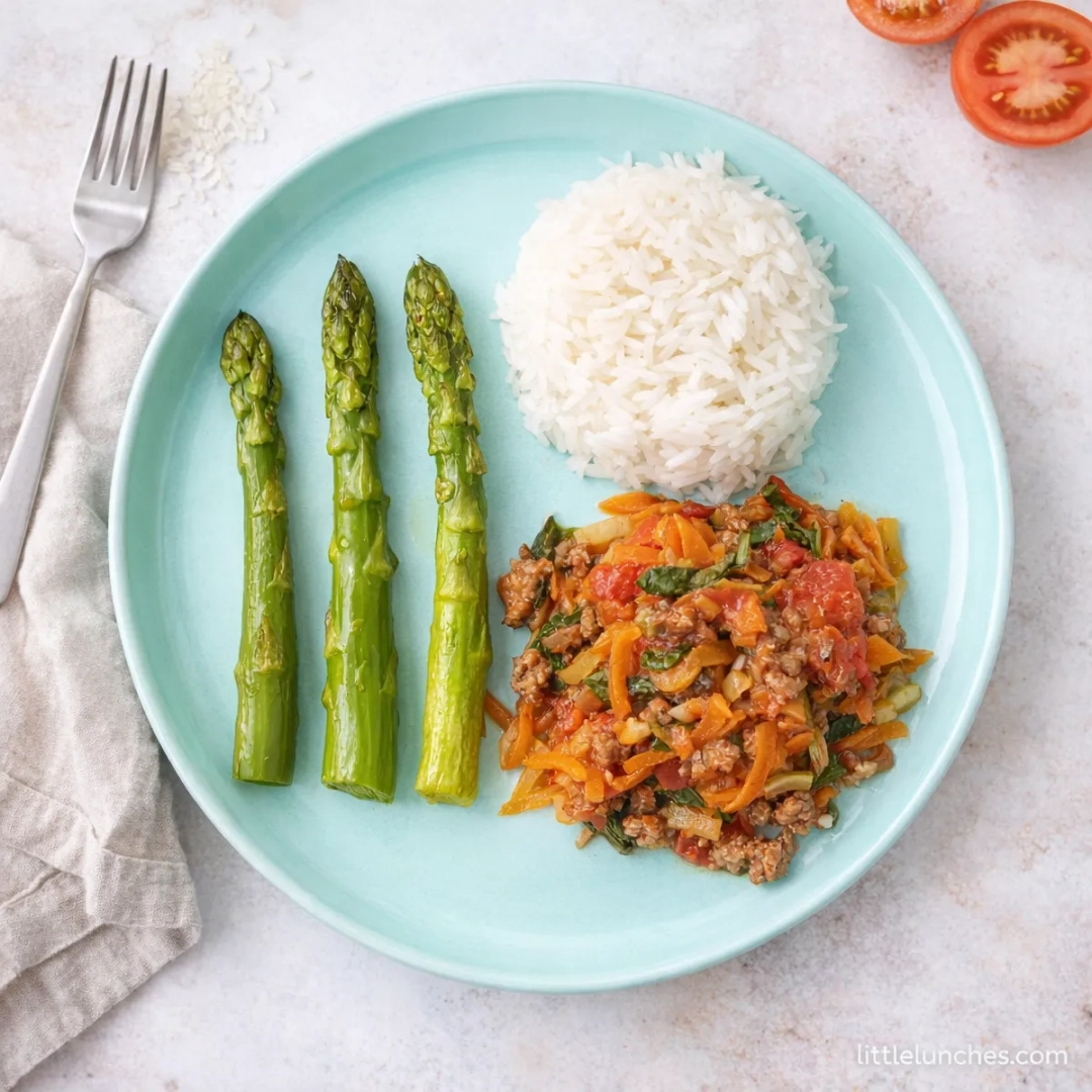 Boloñesa con arroz y espárragos