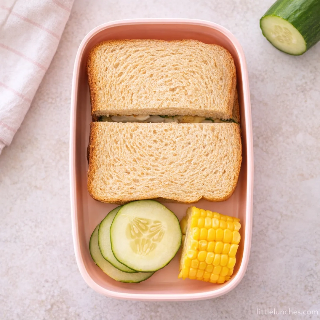 Egg Sandwich, Corn, and Cucumbers