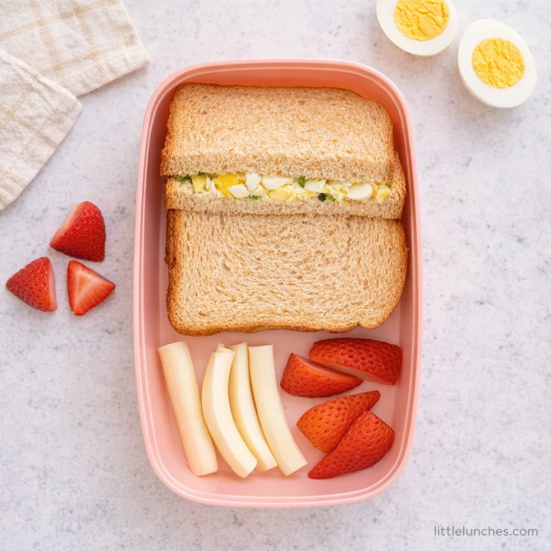 Egg Sandwich, Strawberries and Cheese Sticks