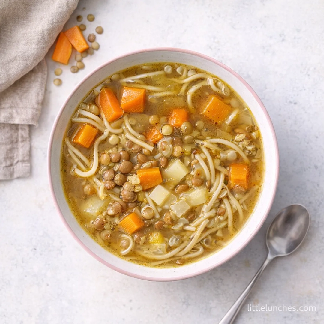Sopa de lentejas, fideos y verduras