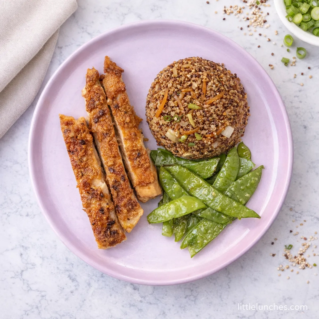 Pollo miso con guisantes y arroz con quinoa y sésamo