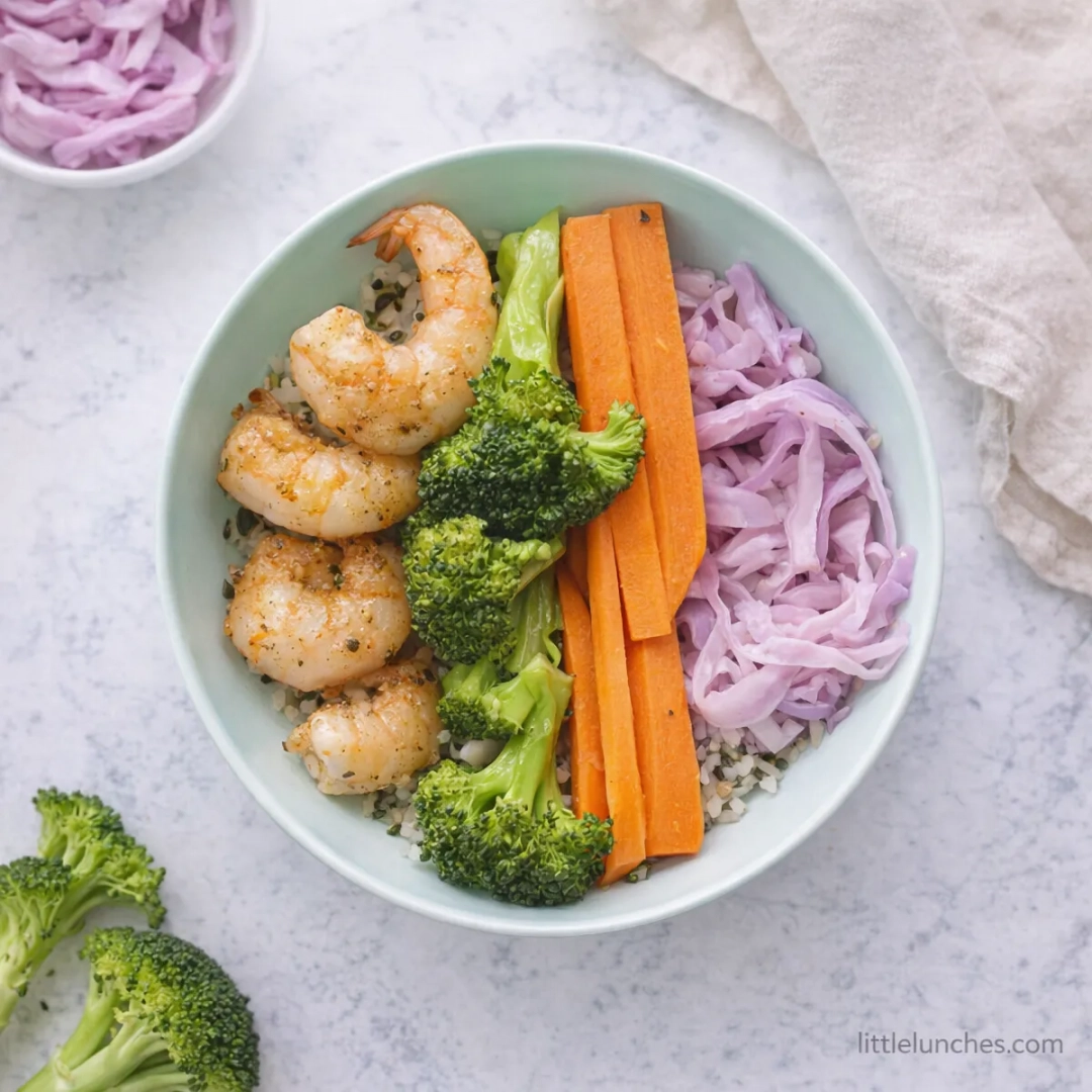 Bol de camarones y vegetales