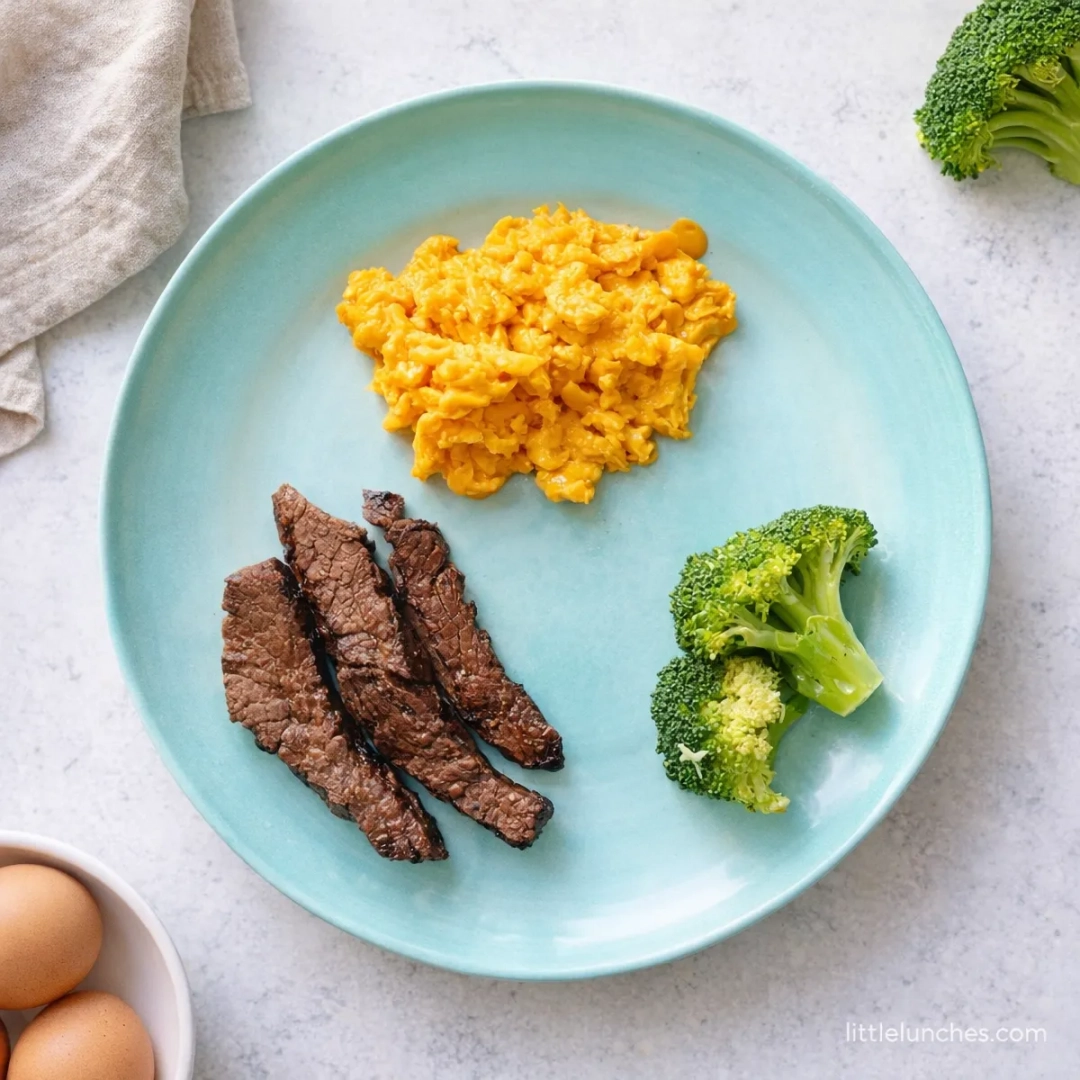 Tiras de carne con brócoli y puré de camote