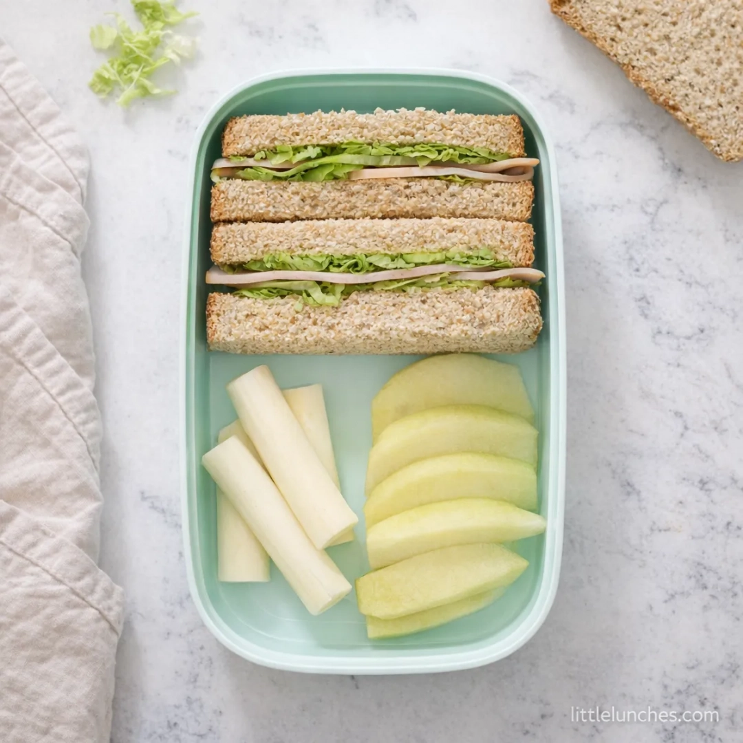 Turkey Avocado Sandwich with Mozzarella Sticks and Sliced Apples