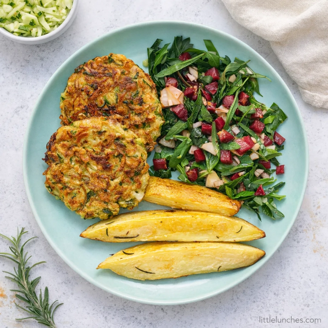 Tortitas de zucchini con ensalada y papa horneada