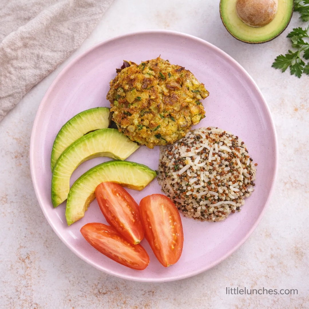 Tortitas de zucchini con arroz, quinoa, y vegetales
